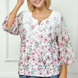 3/4 Flare Sleeve Cutout Neck Border Print Blouse - Ivory - Plus