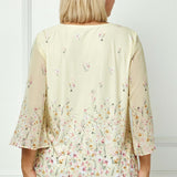 3/4 Flare Sleeve Cutout Neck Border Print Blouse - Yellow - Plus