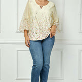 3/4 Flare Sleeve Cutout Neck Border Print Blouse - Yellow - Plus