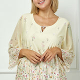 3/4 Flare Sleeve Cutout Neck Border Print Blouse - Yellow - Plus