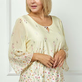 3/4 Flare Sleeve Cutout Neck Border Print Blouse - Yellow - Plus