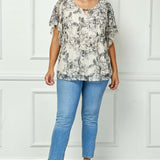 Flutter Sleeve Cutout Neck Blouse in Taupe/Black - Plus