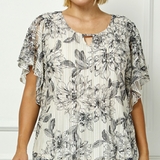Flutter Sleeve Cutout Neck Blouse in Taupe/Black - Plus