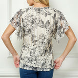 Flutter Sleeve Cutout Neck Blouse in Taupe/Black