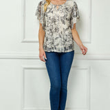 Flutter Sleeve Cutout Neck Blouse in Taupe/Black