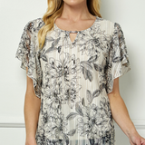 Flutter Sleeve Cutout Neck Blouse in Taupe/Black