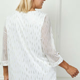 3/4 Button Tab Sleeve Scoop Neck Foil Blouse in Ivory - Plus