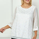 3/4 Button Tab Sleeve Scoop Neck Foil Blouse in Ivory - Plus