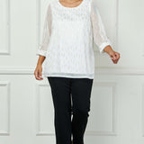 3/4 Button Tab Sleeve Scoop Neck Foil Blouse in Ivory - Plus