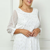 3/4 Button Tab Sleeve Scoop Neck Foil Blouse in Ivory - Plus