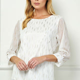 3/4 Button Tab Sleeve Scoop Neck Foil Blouse in Ivory