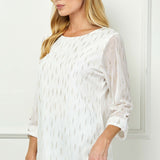 3/4 Button Tab Sleeve Scoop Neck Foil Blouse in Ivory