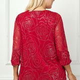 3/4 Button Tab Sleeve Scoop Neck Foil Blouse in Red - Plus