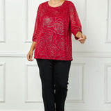 3/4 Button Tab Sleeve Scoop Neck Foil Blouse in Red - Plus