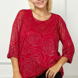 3/4 Button Tab Sleeve Scoop Neck Foil Blouse in Red - Plus