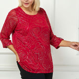 3/4 Button Tab Sleeve Scoop Neck Foil Blouse in Red - Plus