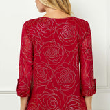 3/4 Button Tab Sleeve Scoop Neck Foil Blouse in Red