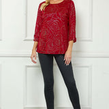 3/4 Button Tab Sleeve Scoop Neck Foil Blouse in Red