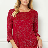 3/4 Button Tab Sleeve Scoop Neck Foil Blouse in Red
