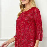 3/4 Button Tab Sleeve Scoop Neck Foil Blouse in Red