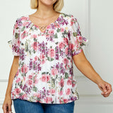 Step Sleeve Cutout Trim Bubble Blouse in Pink - Plus