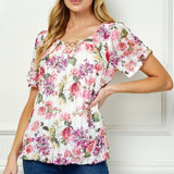 Step Sleeve Cutout Trim Bubble Blouse in Pink