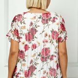 Step Sleeve Cutout Neck Ring Trim Bubble Blouse in Ivory - Plus