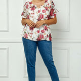 Step Sleeve Cutout Neck Ring Trim Bubble Blouse in Ivory - Plus