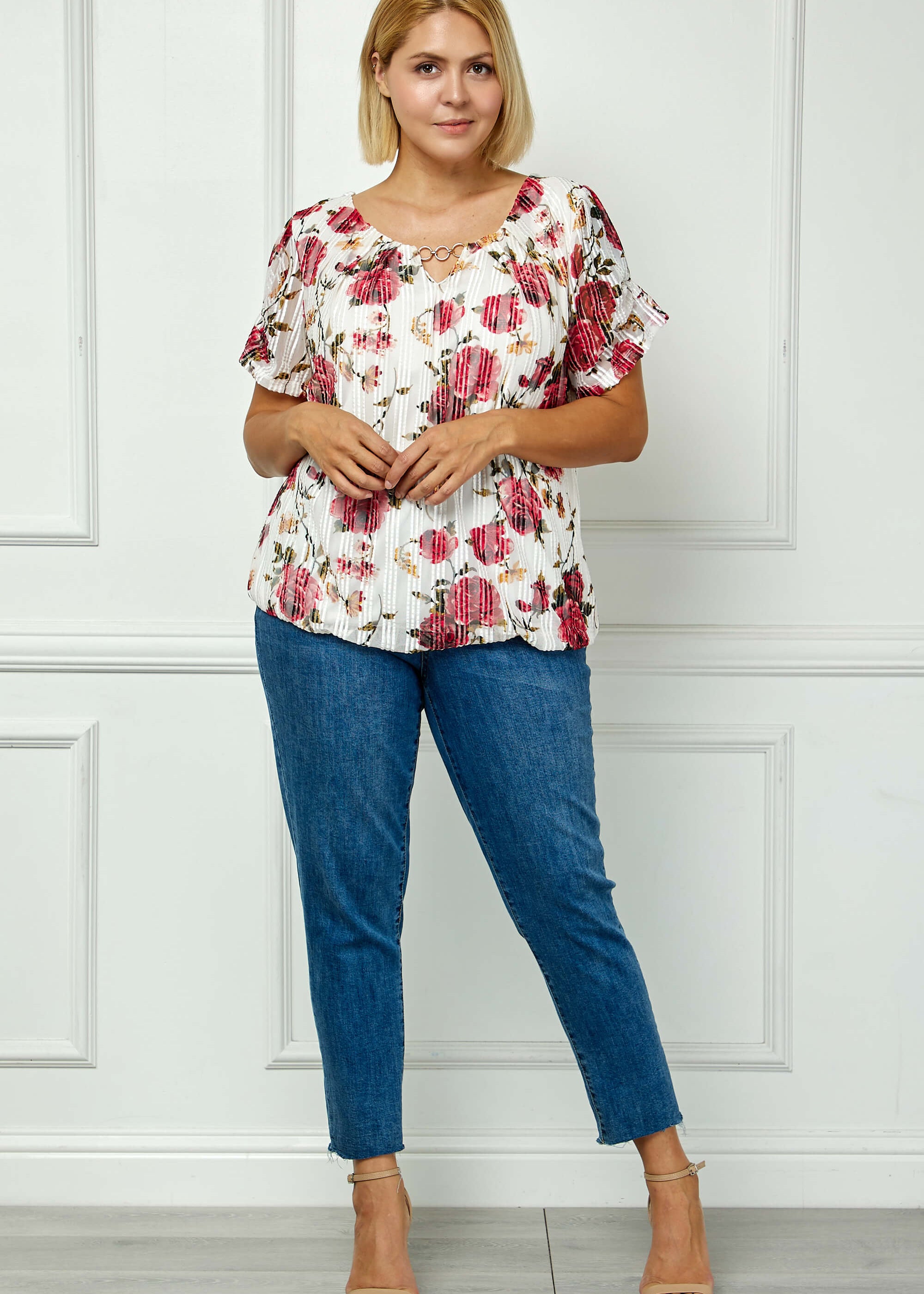 dress barn ladies tops 3/4 Sleeve Border Print Top