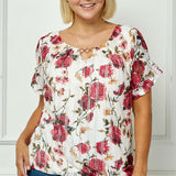 Step Sleeve Cutout Neck Ring Trim Bubble Blouse in Ivory - Plus