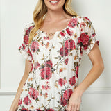 Step Sleeve Cutout Neck Ring Trim Bubble Blouse in Ivory