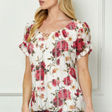 Step Sleeve Cutout Neck Ring Trim Bubble Blouse in Ivory