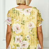 Step Sleeve Cutout Trim Bubble Blouse in Yellow - Plus