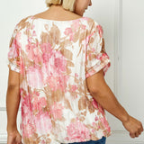Step Sleeve Cutout Neck Ring Trim Bubble Blouse in Ivory/Pink - Plus