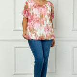 Step Sleeve Cutout Neck Ring Trim Bubble Blouse in Ivory/Pink - Plus