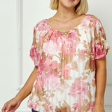 Step Sleeve Cutout Neck Ring Trim Bubble Blouse in Ivory/Pink - Plus