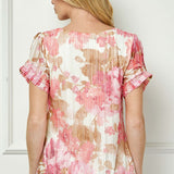 Step Sleeve Cutout Neck Ring Trim Bubble Blouse in Ivory/Pink