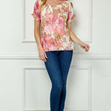 Step Sleeve Cutout Neck Ring Trim Bubble Blouse in Ivory/Pink