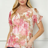 Step Sleeve Cutout Neck Ring Trim Bubble Blouse in Ivory/Pink