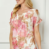 Step Sleeve Cutout Neck Ring Trim Bubble Blouse in Ivory/Pink