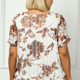 Ruched Sleeve Cutout Neck Bubble Blouse in Ivory/Brown/Tan - Plus