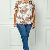 Ruched Sleeve Cutout Neck Bubble Blouse in Ivory/Brown/Tan - Plus