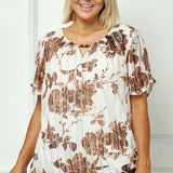 Ruched Sleeve Cutout Neck Bubble Blouse in Ivory/Brown/Tan - Plus