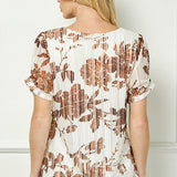 Ruched Sleeve Cutout Neck Bubble Blouse in Ivory/Brown/Tan