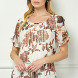 Ruched Sleeve Cutout Neck Bubble Blouse in Ivory/Brown/Tan