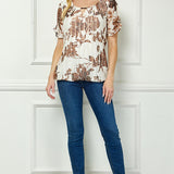 Ruched Sleeve Cutout Neck Bubble Blouse in Ivory/Brown/Tan