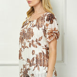 Ruched Sleeve Cutout Neck Bubble Blouse in Ivory/Brown/Tan