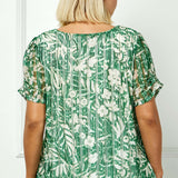 Ruched Sleeve Cutout Neck Bubble Blouse in Olive/Tan/Cream - Plus
