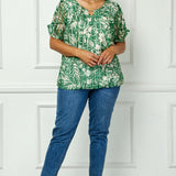 Ruched Sleeve Cutout Neck Bubble Blouse in Olive/Tan/Cream - Plus