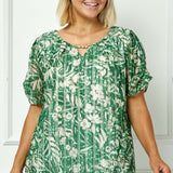 Ruched Sleeve Cutout Neck Bubble Blouse in Olive/Tan/Cream - Plus